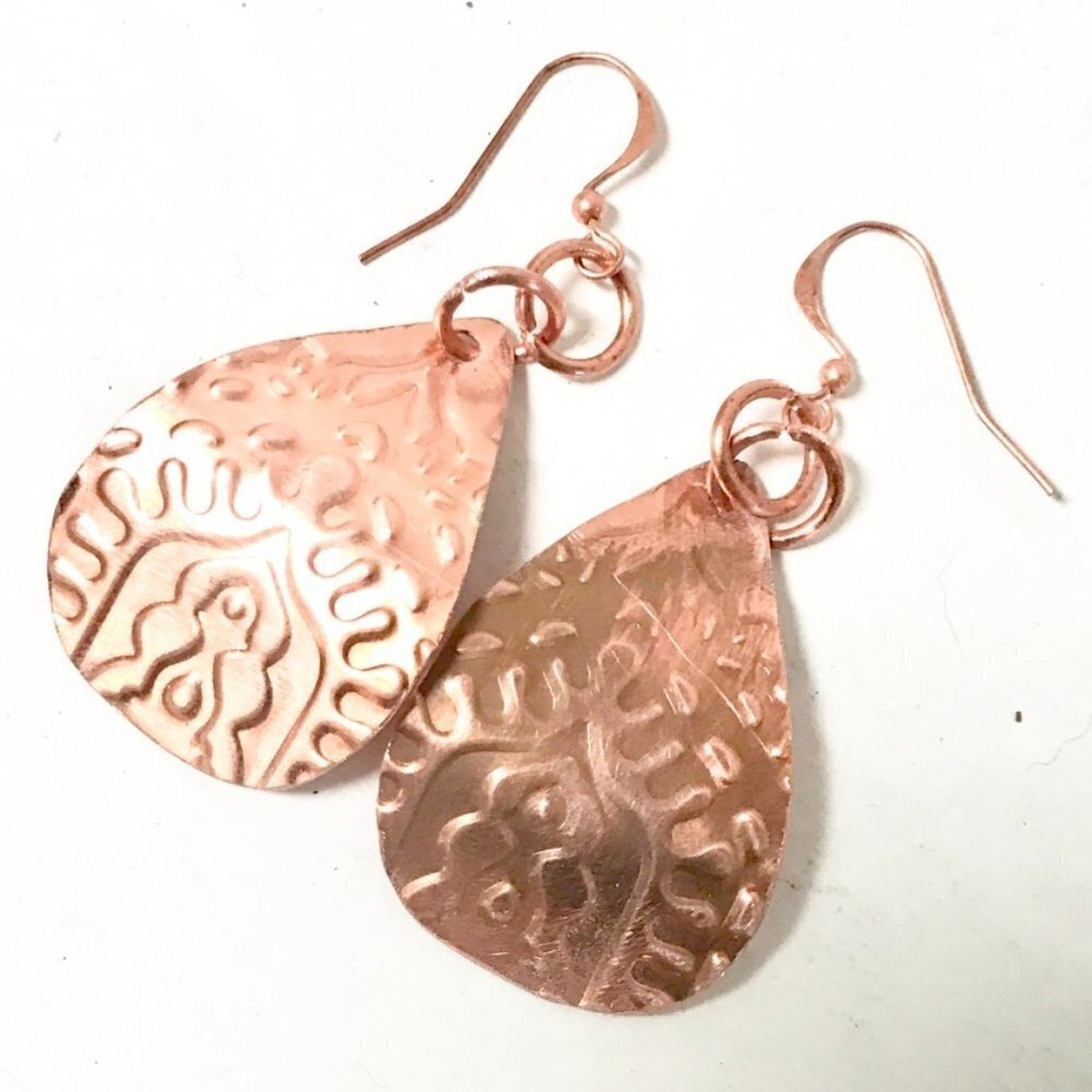 Tear Drop Baroque Embossed Solid Copper Earrings - Picture 1 of 6
